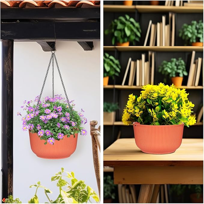 Hanging Planters for Indoor Plants, 3 Pack Plant Hanger Outdoor with Drainage Holes, Self Watering Hanging Basket Flower Pot for Garden Home Decor, 9/10/11 Inch, Orange