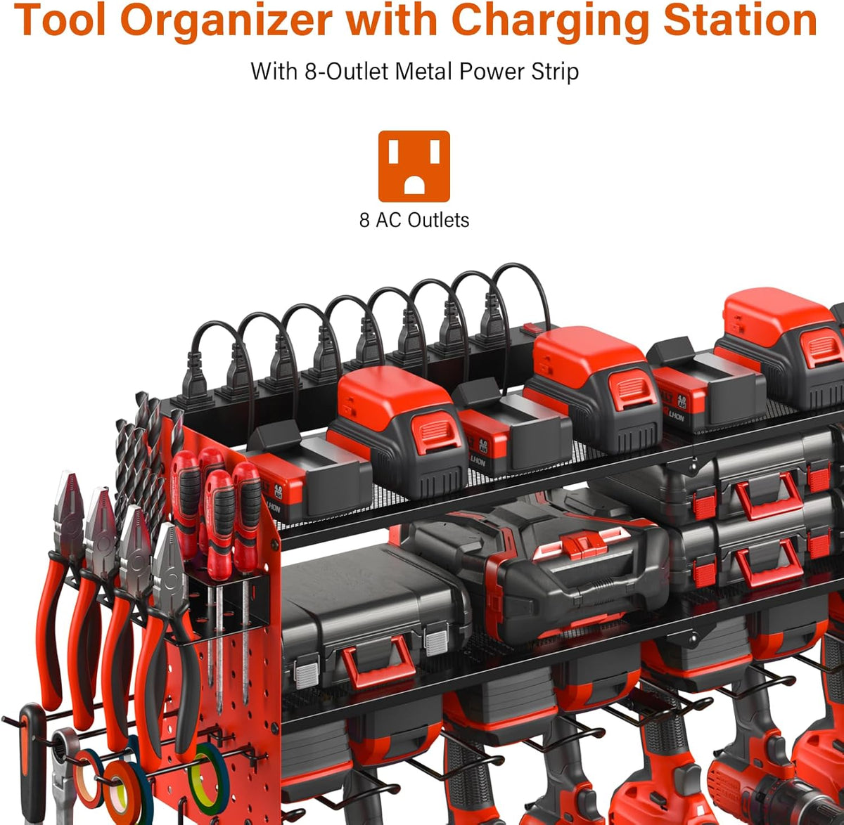 JUNNUJ Large Pegboard Power Tool Organizer with Charging Station, 8 Drills Driver and Tools Battery Holder Wall Mount with 8 Outlet Power Strip, Red 3-Layer Shop Garage Storage Utility Rack