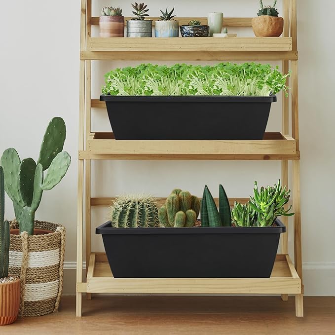 12Pcs 17Inches Rectangle Planter Box with Drainage Holes and Trays Plastic Planters Flower Boxes Pots for Indoor Outdoor Plants Patio Garden Home Decor Porch Yard (Gray)