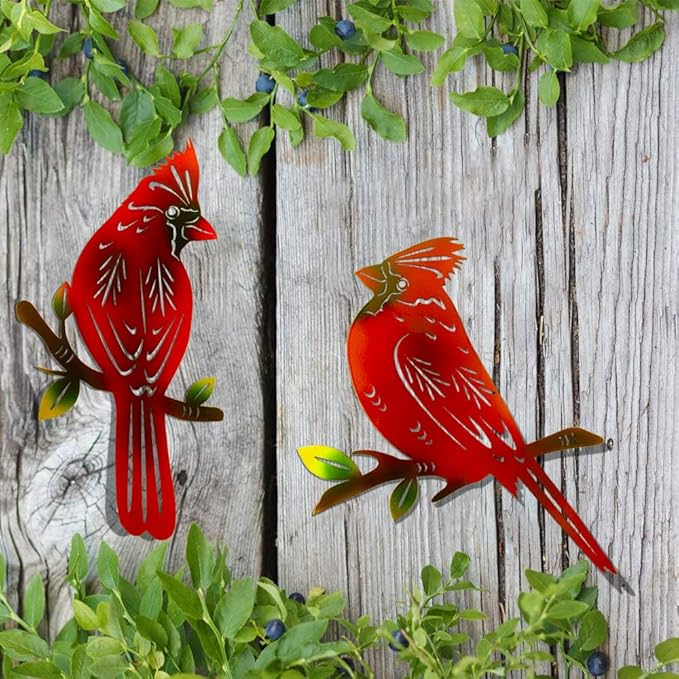 4 Pack Metal Cardinal Wall Art Decor Metal Birds 3D Outdoor Sculpture, Ornaments Hand-Made Nimble red Bird, Gifts for Mom,Birthday Gifts for Grandma Wife