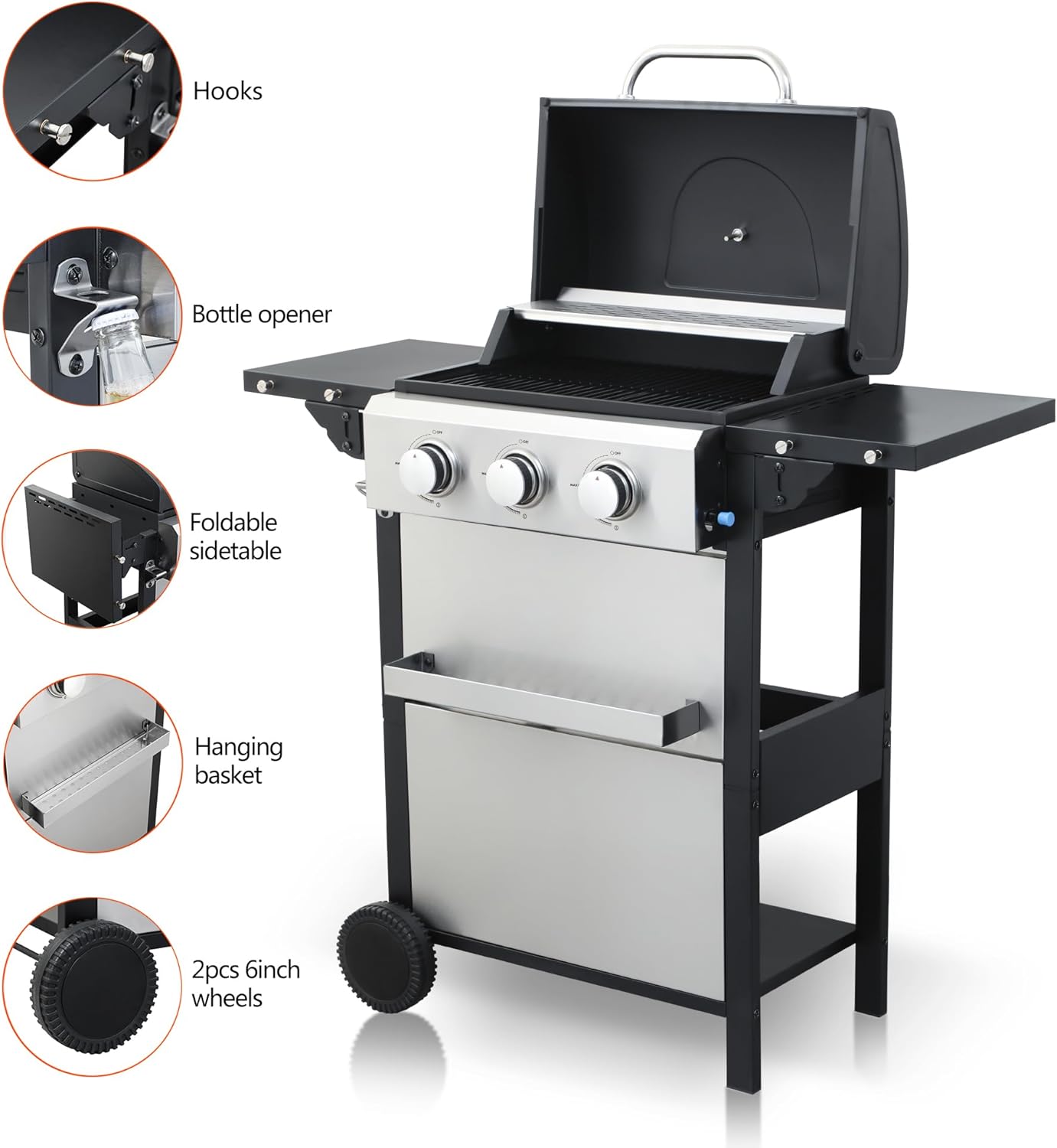 3-Burner Propane Gas BBQ Grill, 25,650 BTU Output, Wire Enamel Cooking Grids, Foldable Side Table, Stainless Steel Outdoor Grill for Patio and Backyard