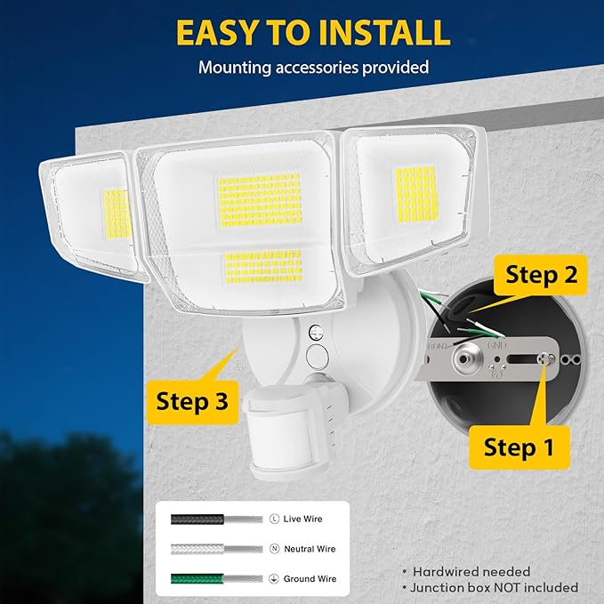 90W 10000LM LED Security Lights Motion Sensor Outdoor Lights, 4 Head Dusk to Dawn, 6500K Daylight Flood Lights Outdoor Motion Sensor, IP65 Waterproof, Motion Light for Outside, Garage, Yard, Porch