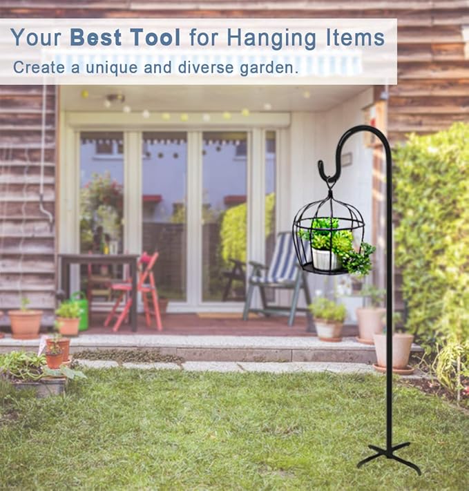 92 Inch Outdoor Shepherd Hooks with 5 Pronger Base (2 Packs), Adjustable Heavy Duty Garden Hanging Stand Holder for Bird Feeders Lanterns Planter Hanger, Matte Black
