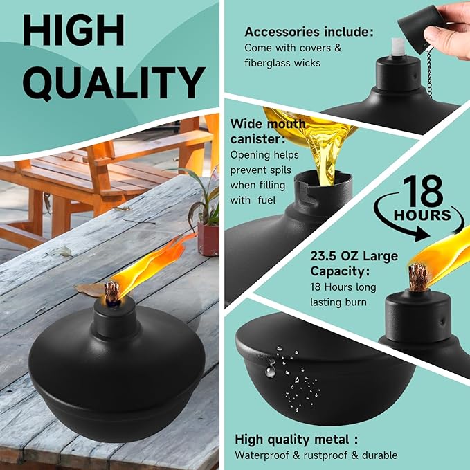 8 Pack Metal Table Top Torches,23.5 oz Citronella Torches for Outside,Refillable Flame Light Torch with Wicks and Covers for Party, Garden Decor,DIY