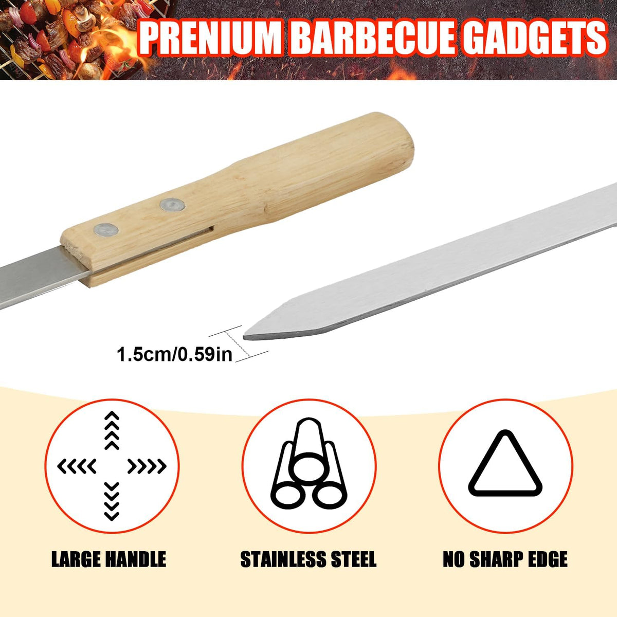 SHIKORI Kabob Skewers,BBQ Barbecue Skewers,Stainless Steel Sticks,23 Inch Heavy Duty Large Wide Reusable,with Nonslip Wooden-12 Pcs