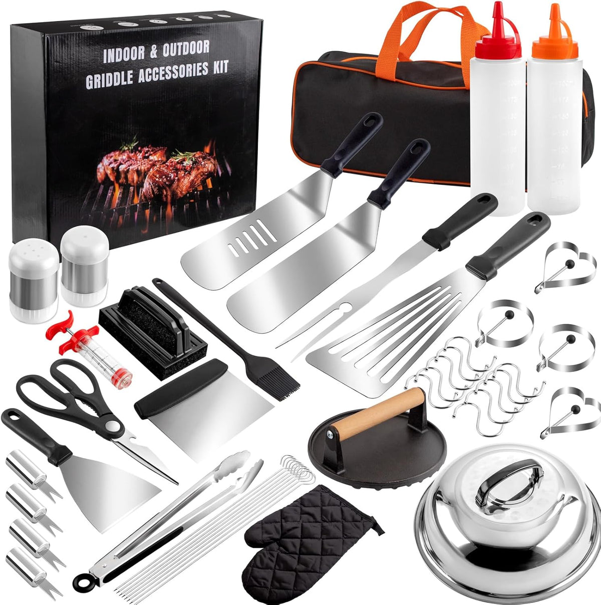 Supernal 46pcs Blackstone Griddle Accessories Upgraded Barbecue Presses Flat Top Grill Tools for Camp Chef Griddle Cover Salt and Pepper Shakers Grill Black Tools Set Enlarged Spatula Gift Set