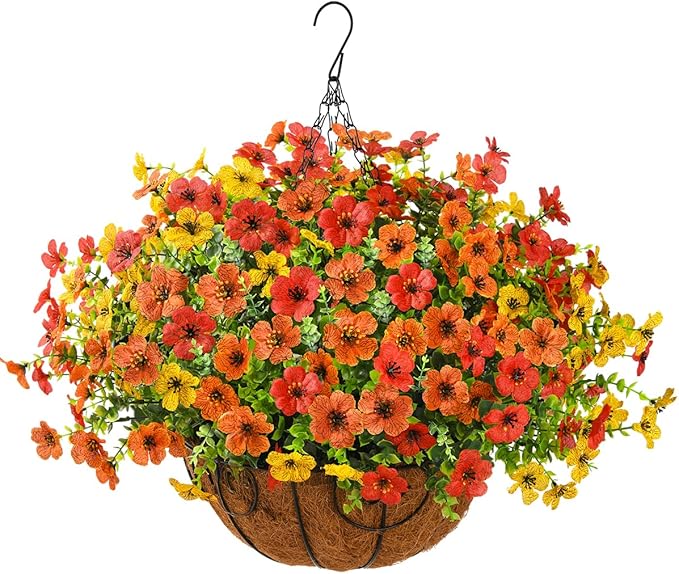 Artificial Faux Hanging Plants Flowers Basket for Spring Outdoor Decoration, Fake Silk Daisy in Planter Realistic UV Resistant Look Real for Porch Home Patio Balcony Yard(Red Orange Yellow)