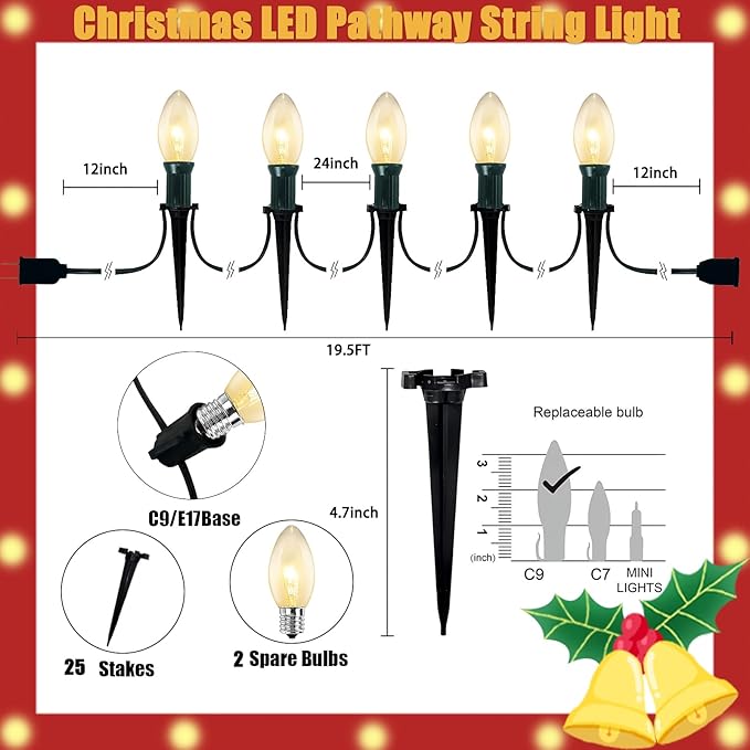 C9 Christmas Pathway Lights Outdoor, 38Ft 25 C9 Incandescent Warm White Pathway Marker Stakes Waterproof for Walkway Lawn Sidewalk Driveway Holiday
