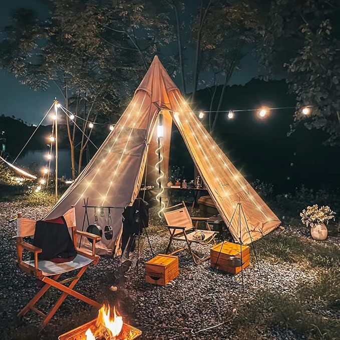 Camping Lantern with 49.2FT String, 2 in 1 Outdoor Warm White String Lights with 4 Modes & 5 Modes Rechargeable Camping Lamp IPX4 Waterproof Portable LED Tent Light for Outdoor Yard Garden Decoration