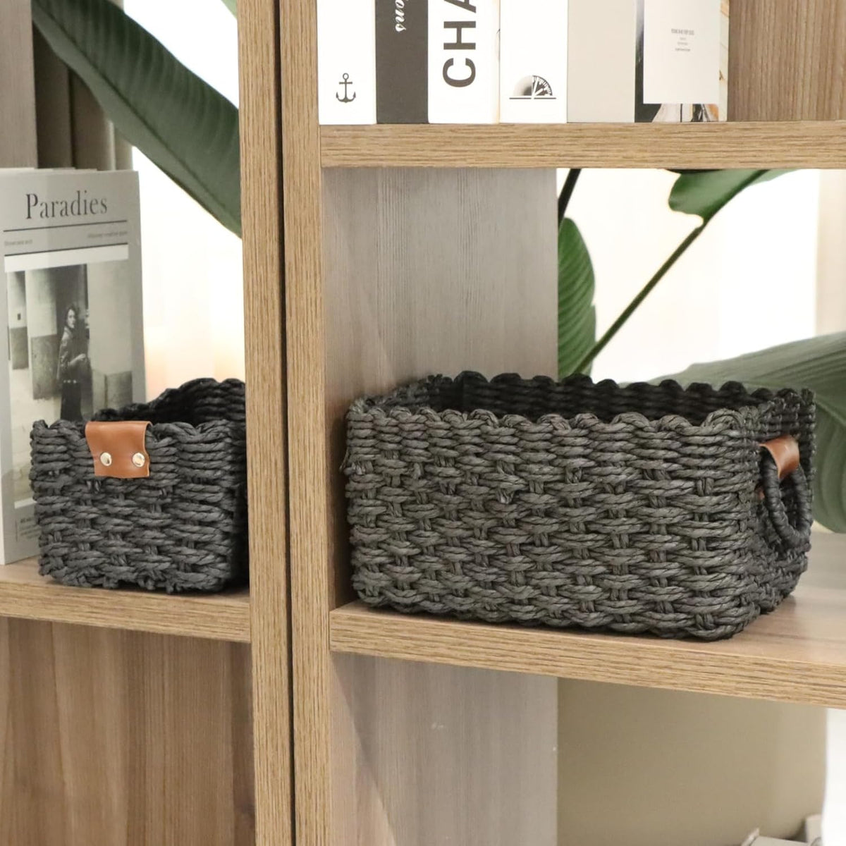 Paper rope Small Storage baskets for Organizing,Cute woven Little basket for Home，Shelves, Bathroom,Decorative basket,Set of 3 (Black)