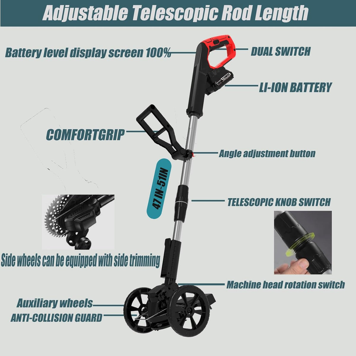 Cordless Weed Wacker Battery Powered Electric Weed Trimmer, with 2Pcs 21V Battery 5 Types Blades Lightweight Grass Trimmer Edger Lawn Tool, Push Wheeled No-String Trimmer for Garden Yard