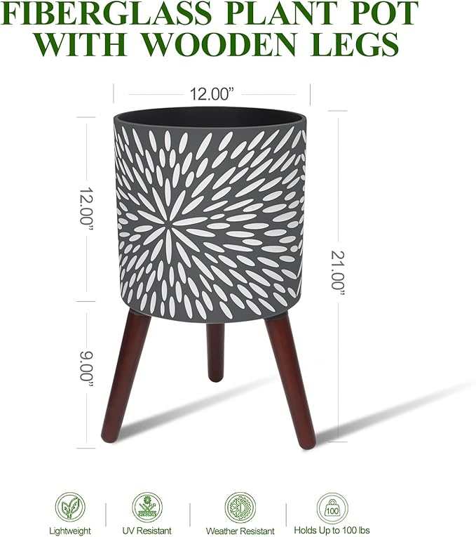 12 Inches Plant Pot with Stand, Large Modern Standing Planters for Indoor Plants with Drainage Holes, Gray Flower Pots with Legs