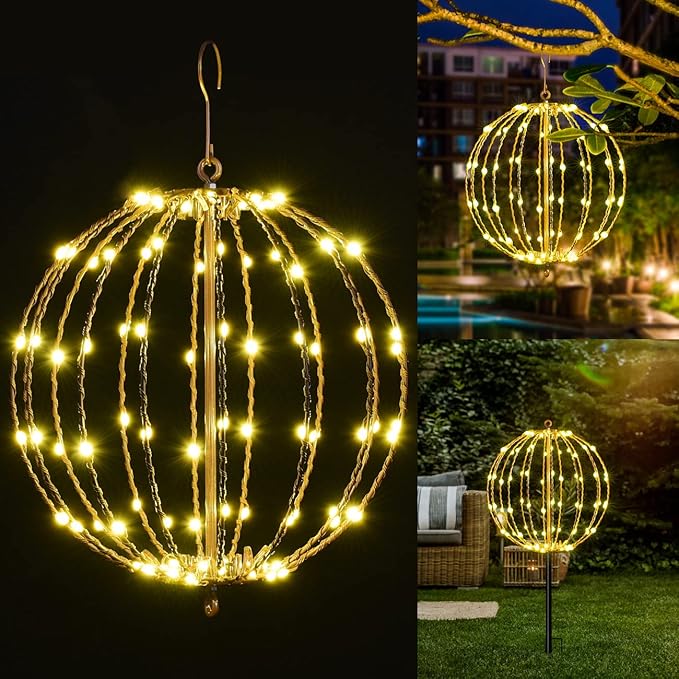 Christmas Ball Sphere, 12IN 96LED Hanging Tree and Pathway Lights With Hook and Stake, Foldable Metal Frame Ball for Outdoor Garden, UL Listed, Brown Frame, Warm White