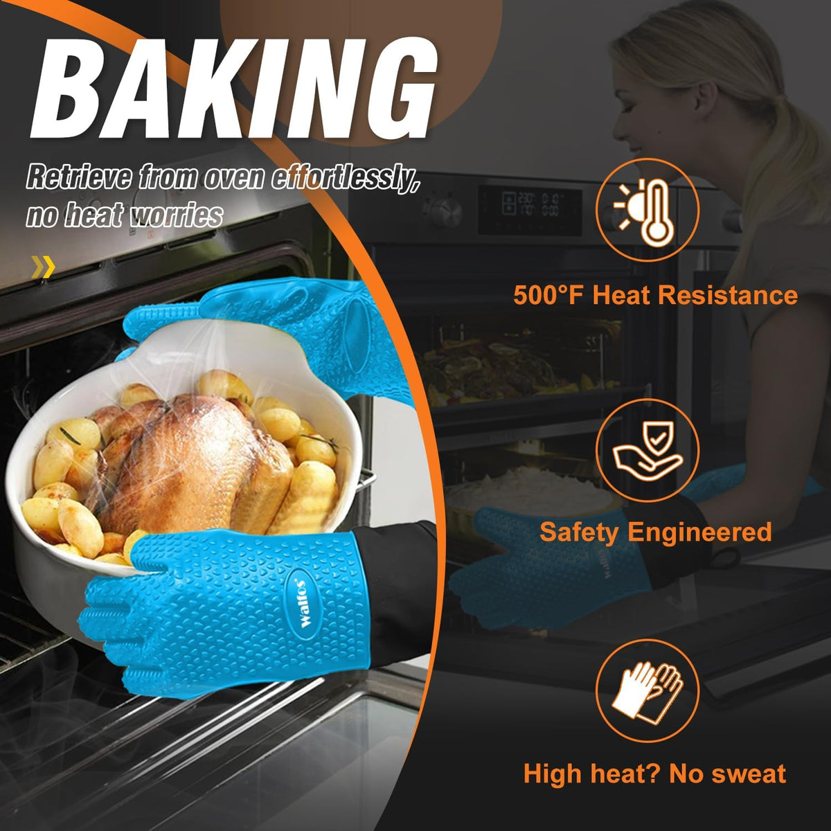 Walfos Silicone BBQ Gloves - Heat Resistant Grilling Gloves, Premium Non-Slip Kitchen Silicone Oven Mitt with Protective Cotton Layer Inside, Waterproof, Great for Grilling, Kitchen and Cooking, Blue
