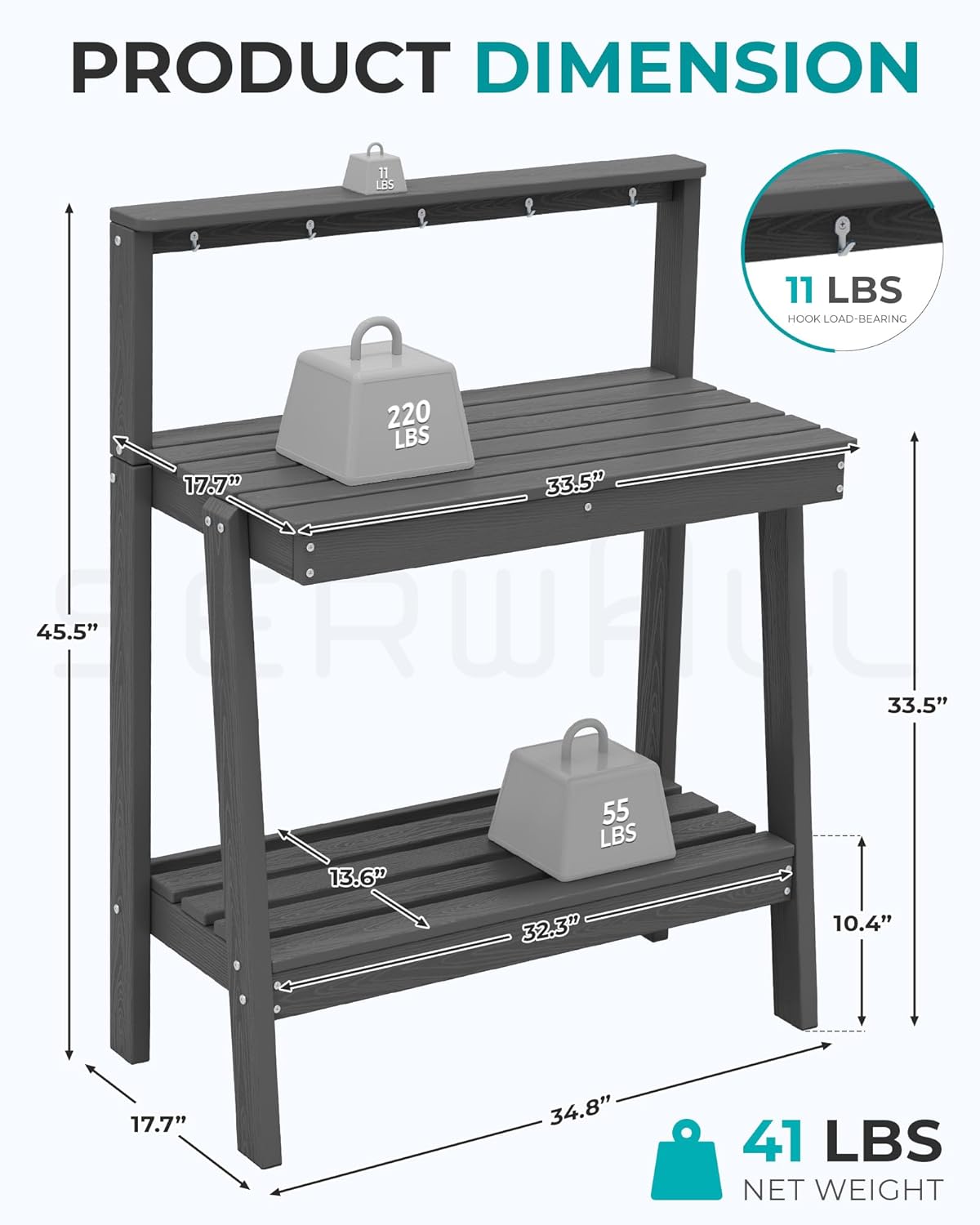 SERWALL Potting Bench Outdoor with Storage, 3-Tier HDPE Gardening Table with Angled Legs & Tool Hooks, All-Weather Heavy Duty Potting Table for Patio, Backyard, Garden, Gray