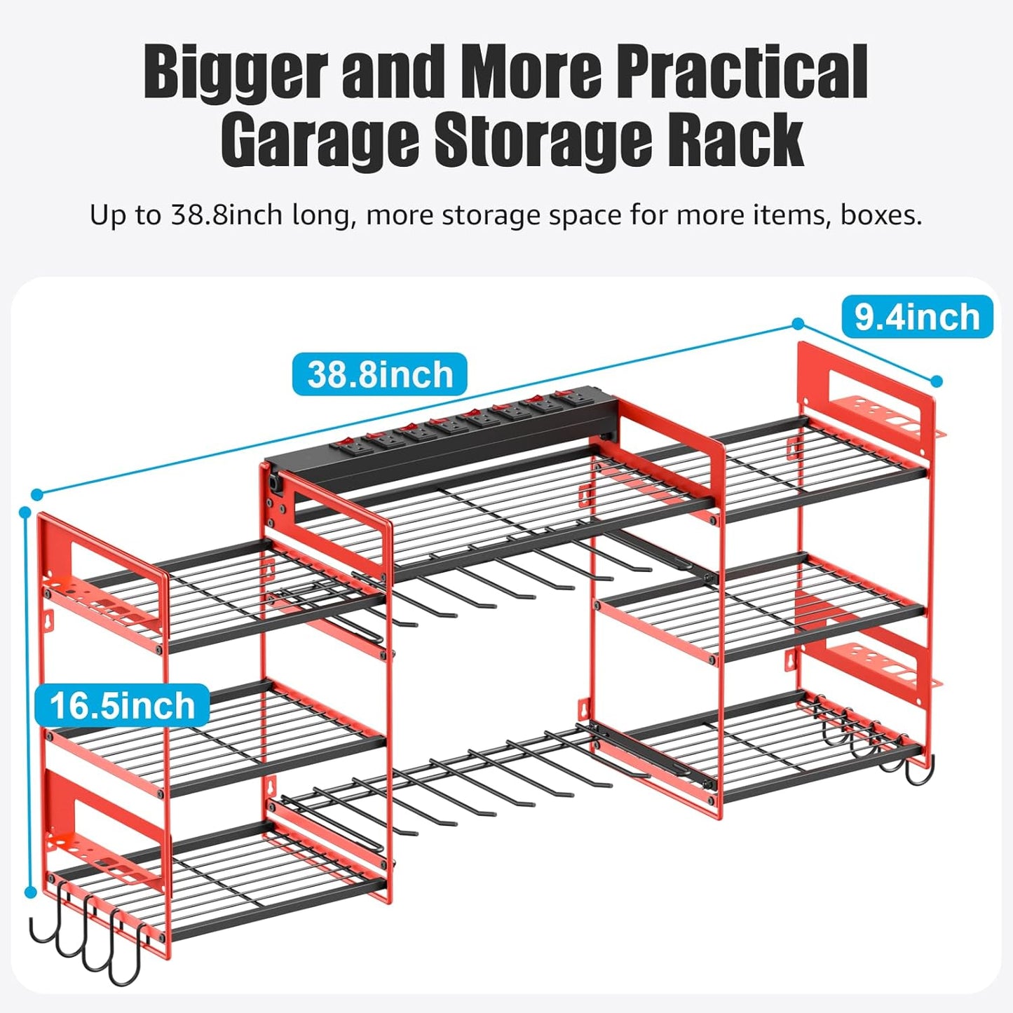 CCCEI Red Power Tool Organizer Wall Mount, Large Tools and Battery Storage Rack Charging Station Individual Switches. Drills Holder, Garage Utility Shelves with 6FT Power Strip. Gift for Men.