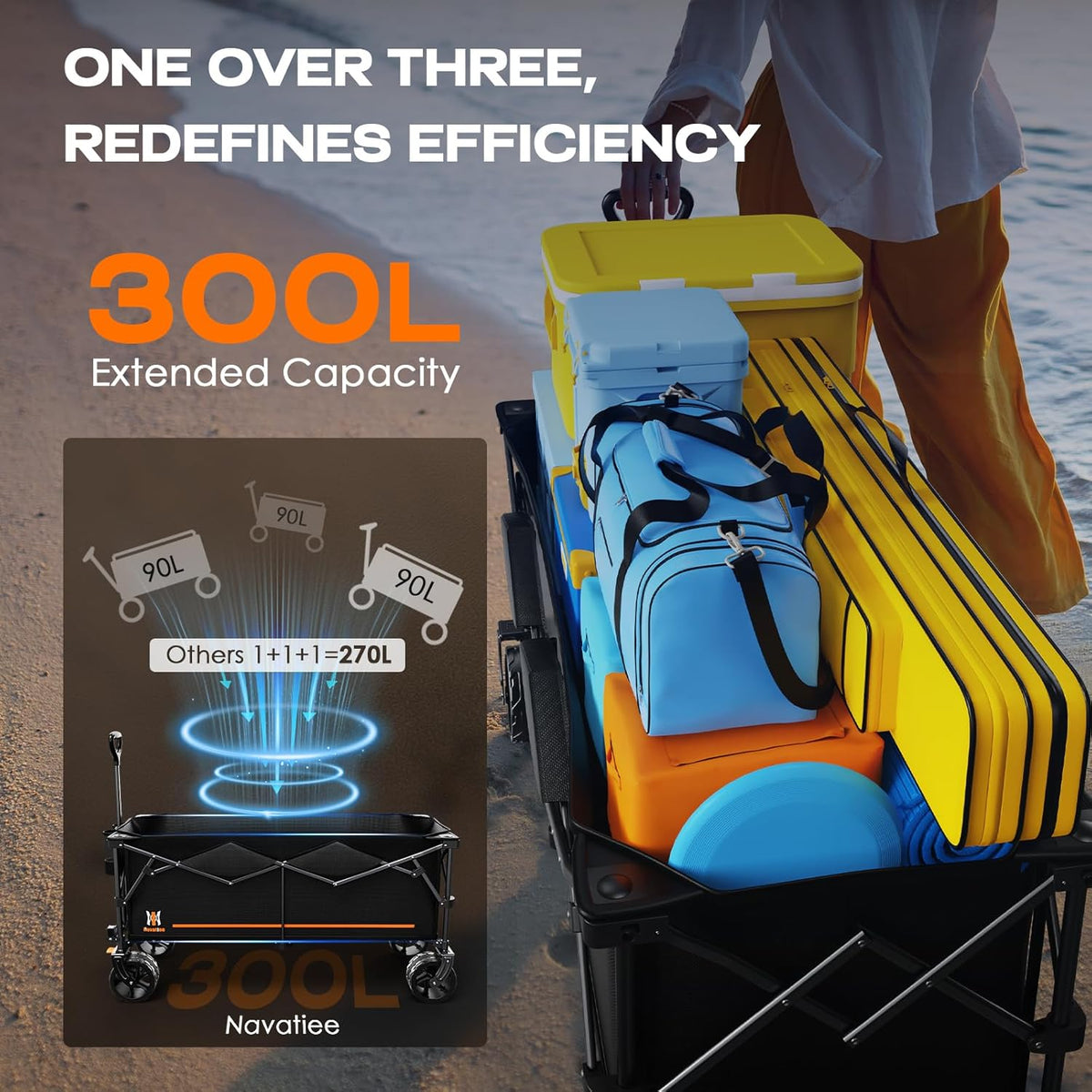 Navatiee 300L Extra Large Collapsible Wagon Cart Foldable, 48''L Extended Heavy Duty Folding Beach Wagon with 440LBS Weight Capacity and Big Wheels, Utility Garden Cart for Sports Camping