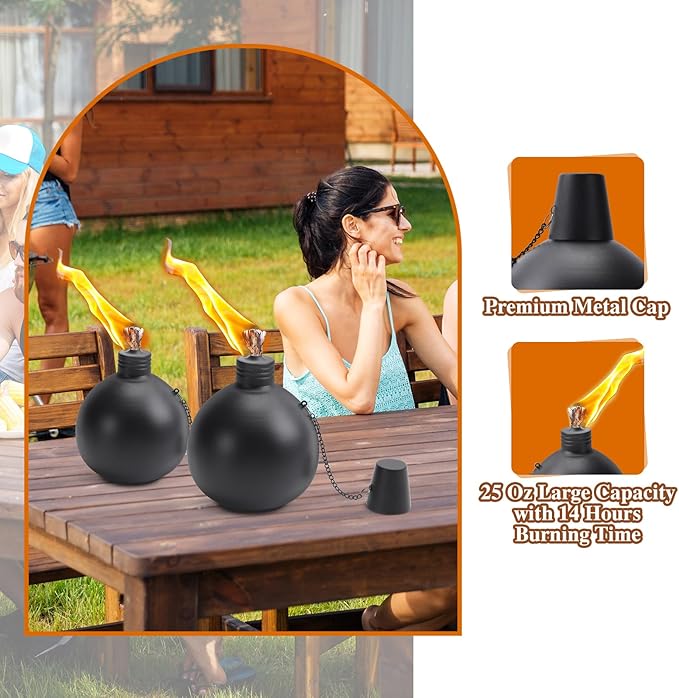 6 Pack Citronella Tabletop Torches, 25 oz Table Top Torches for Outdoor, Metal Oil Burner Candles, Garden Torches with Fiberglass Wick for Yard, Patio, Deck, Garden, Party, Landscape.