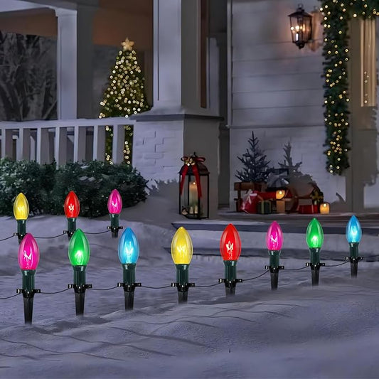 38Ft Christmas Pathway String Lights Outdoor With C9 25 Multicolor Marker Stakes, Extendable Walkway Lights for Outside Xmas Party Holiday Backyard Sidewalk Decor