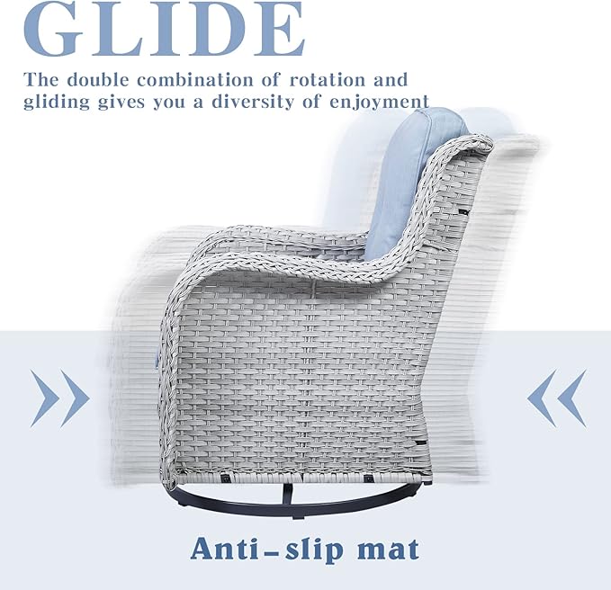 5 Piece Outdoor Patio Furniture Set - Wicker Furniture Patio Conversation Set, Outdoor Swivel Rocker Chairs with 3-Seater Sofa and 2 Ottomans for Small Space, Baby Blue Cushion