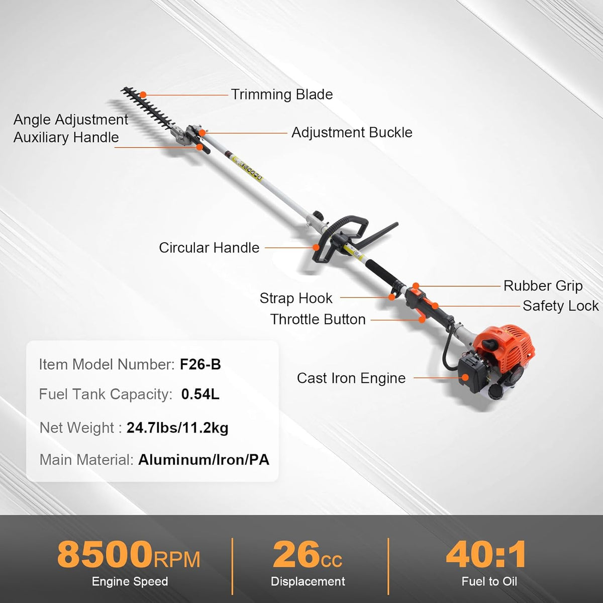 VEVOR Gas Hedge Trimmer 2 Cycle with Extension Pole, 15.7-inch 26cc Gas Powered Pole Hedge Trimmer with Dual Sided Dual Action Blade, Great for Trimming Shrubs, Bushes, w/EPA, CE and EMC Certification