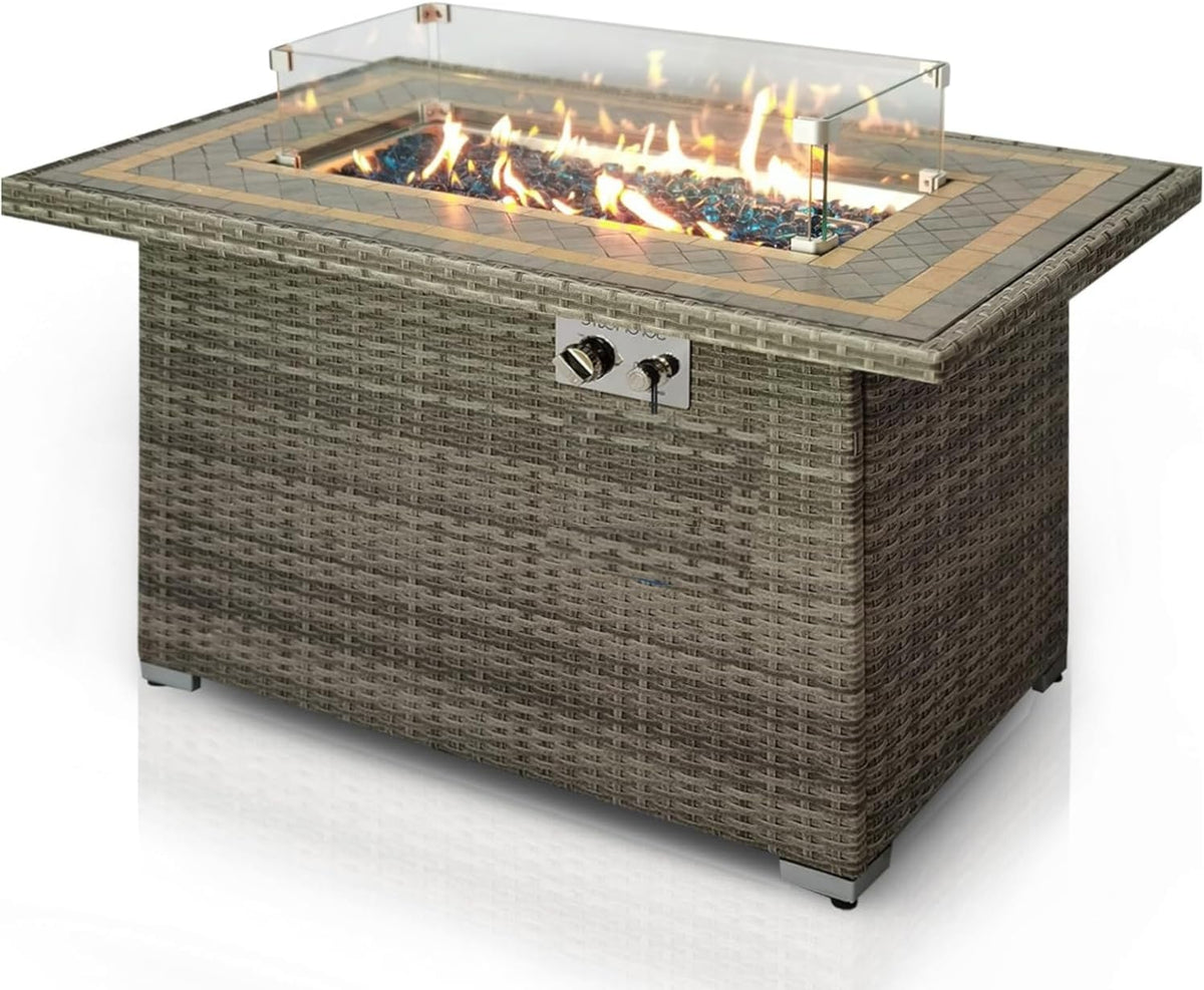 SereneLife Outdoor Propane Fire Pit Table 50000 BTU with Auto Ignition, Glass Wind Guard, Mosaic Tile Top, Clear Glass Rocks, and Weather-Resistant Design for Patio or Backyard