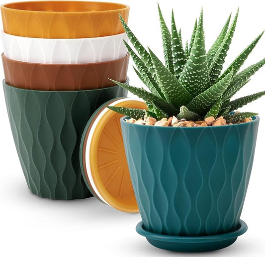 6 inch Plant Pots, 5 Pack Flower Pots Outdoor Indoor, Planters with Drainage Holes and Tray Saucers