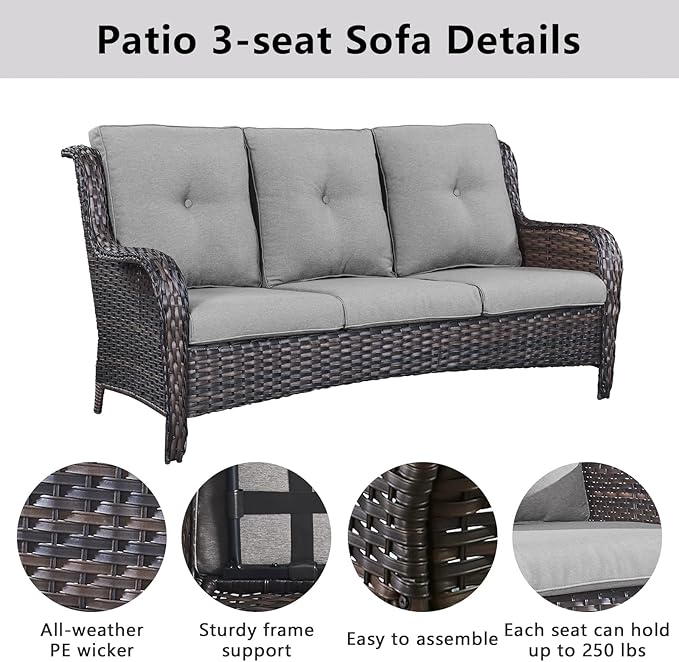 5 Piece Outdoor Patio Furniture Set - Wicker Furniture Patio Conversation Set, Outdoor Swivel Rocker Chairs with 3-Seater Sofa and 2 Ottomans for Small Space, Gray Cushion