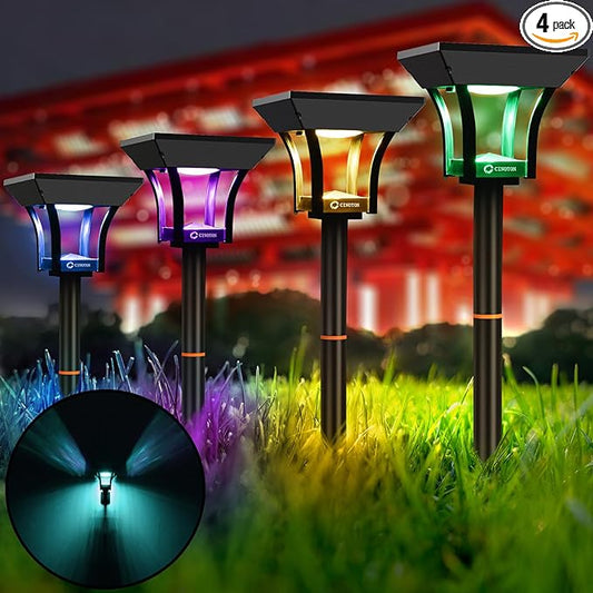CINOTON RGBW Solar Landscape Pathway Outdoor Lights with 3 Lighting Modes, IP65 Waterproof LED Solar Powered Wall Lights for Garden Yard Lawn Path Driveway Pool Backyard Warm White & Multicolor 4 Pack