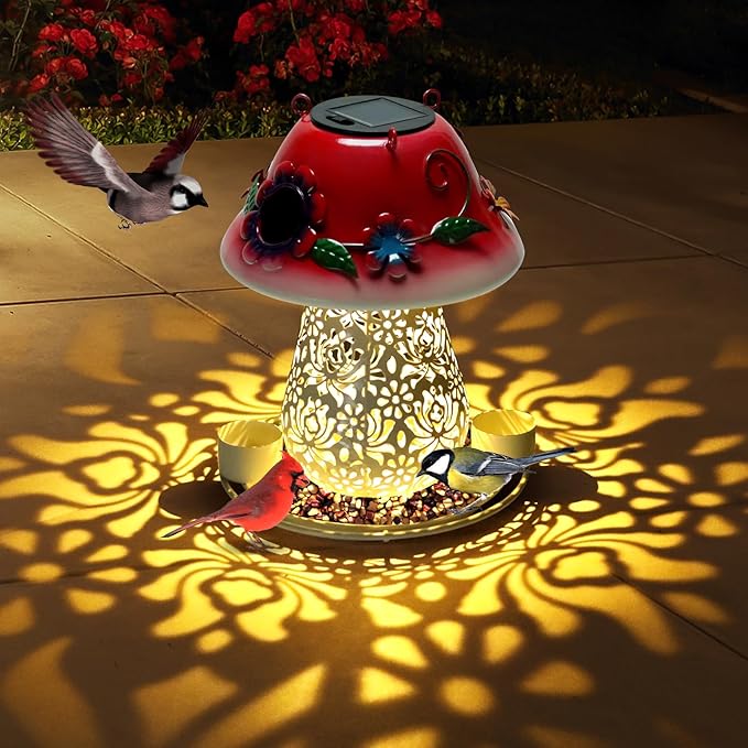 Mushroom Solar Bird Feeders for Outdoors Hanging Metal Wild Bird Feeder Garden Lantern with S Hook for Garden Decoration red