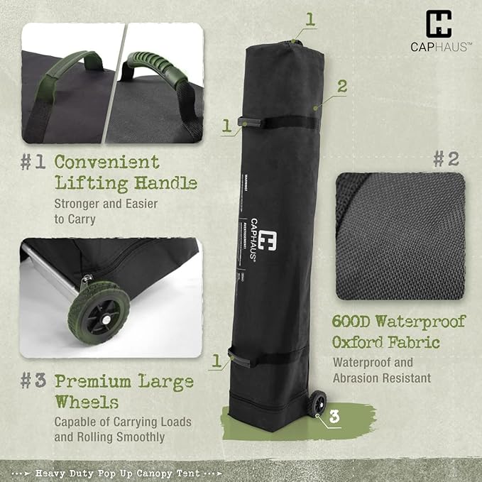 CAPHAUS Patented One-Push Pop Up Outdoor Canopy Tent, Heavy-Duty Commercial Grade w/Central Lock, Portable and Instant Folding Shelter with Wheeled Carry Bag and Weight Bag, 10ft x 10ft, Dark Grey