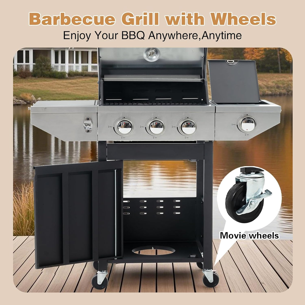 Endark 3-burner propane gas grill | 37,000 BTU stainless steel with side-fire function | with enameled cast iron grate, thermometer and side stand wheels | great for patio and garden outdoor cooking