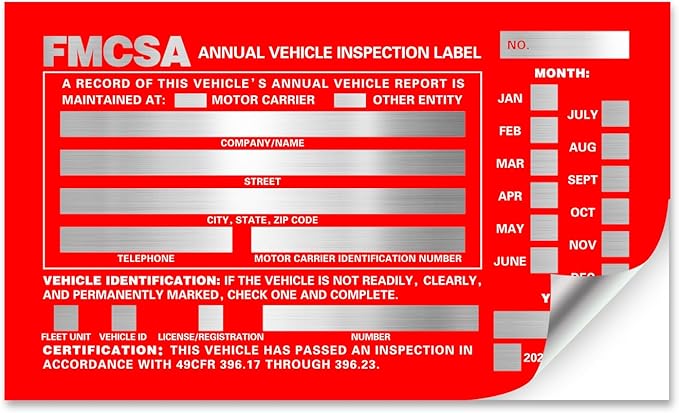 Annual Vehicle Inspection Report Form with Red Exterior Aluminum Inspection Label (6"x3.5"), and White Interior Inspection Label (5"x4") 25-pk