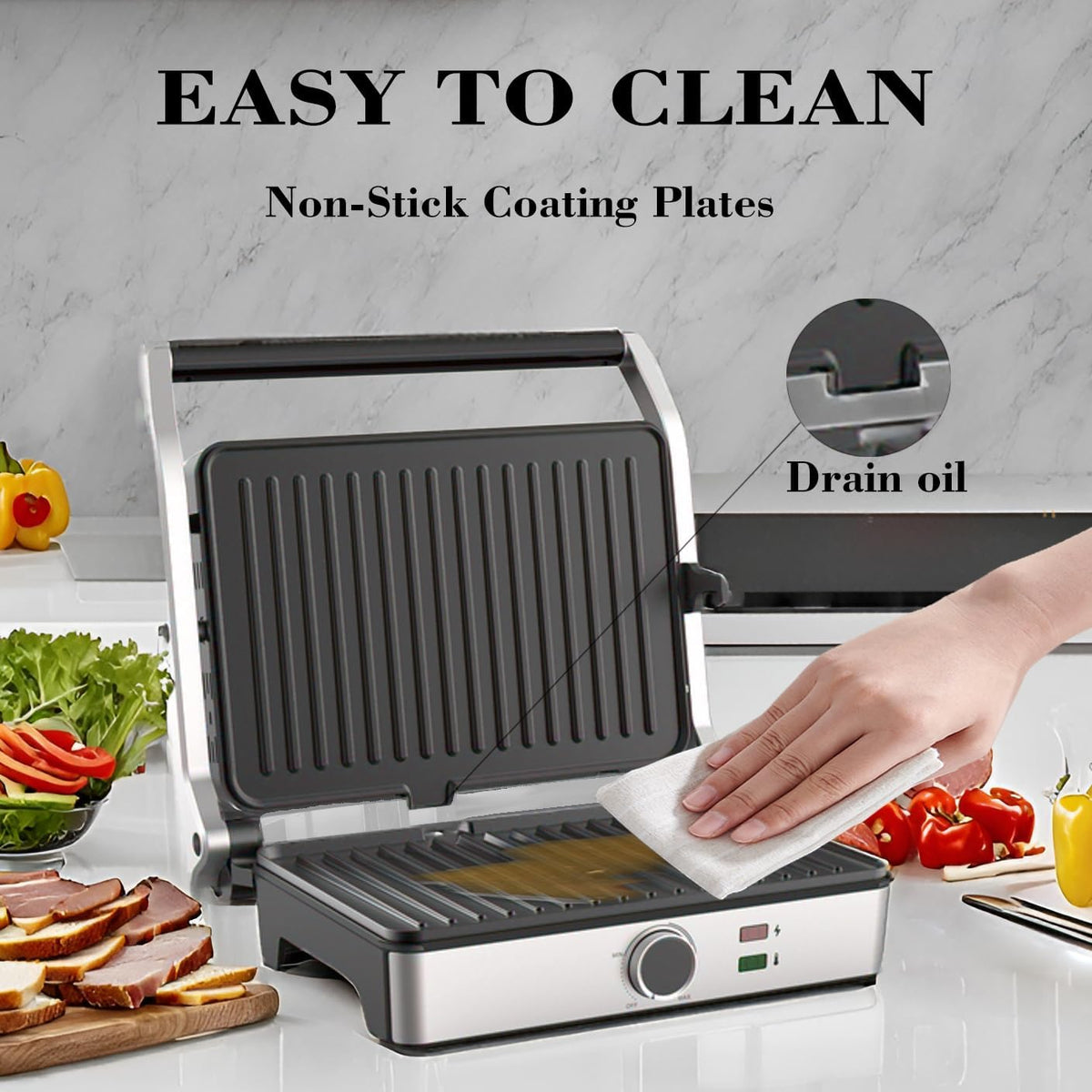Panini Press, Electric Sandwich Press Grill, Open 180 Degrees, Electric Grill Indoor, Perfect for Grilling Sandwich, Steak, Burger, Adjustable Temperature Control, Non Stick Coating