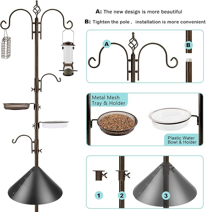 Bird Feeding Station Kit with Squirrel Baffle and Suet Cage Wild Bird Feeder Kit with Mesh Tray, Fruit Hook, and Double W Hook for Attracting Wild Birds