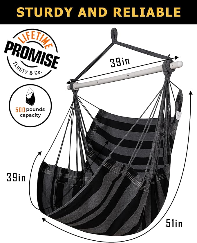 ADVOKAIR Hammock Chair Swing (500 lbs Max) - Hanging Hammock Chair Rope Swing Indoor for Bedroom, Outdoor, Patio, Bedroom, Porch, Deck - Sturdy Steel Bar with Anti-Slip Safety Rings