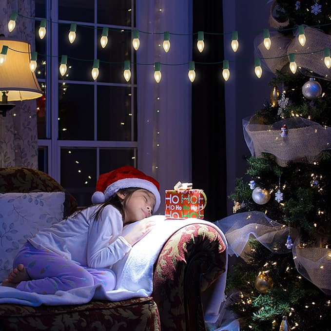 C7 LED Frosted White String Lights Outdoor 25Ft Christmas Decorations String Lights with 27 LED Frosted White Bulbs Hanging Vintage Christmas Lights for Outdoor Patio Garden Backyard Roofline, Green