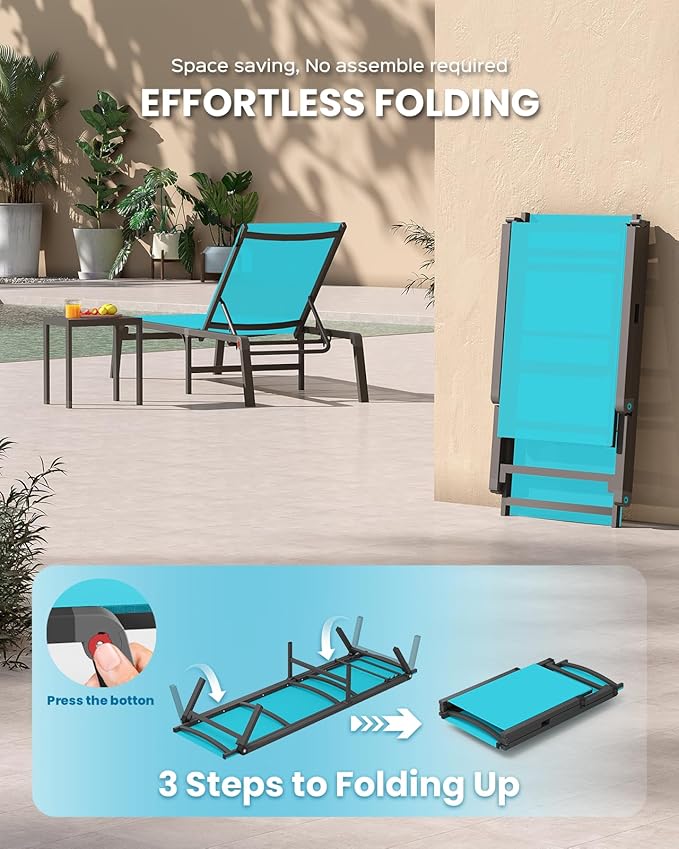 Chaise Lounge Outdoor, Foldable Aluminum Pool Lounge Chairs with 5 Positions Recliner - Free Assembly - Patio Chaise Lounge Chair for Poolside, Beach, Yard (Lakeblue)