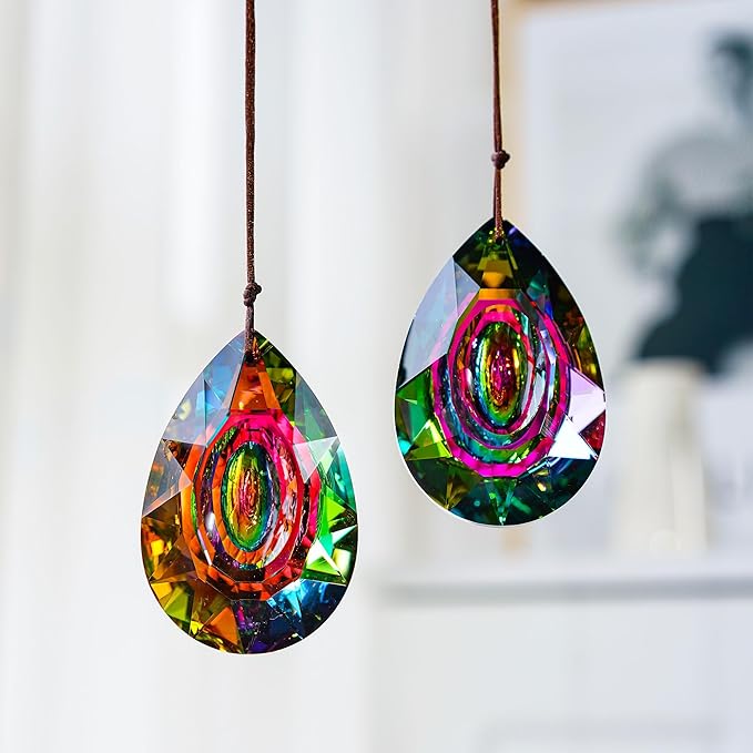 HDCRYSTALGIFTS 2PCS 76mm Crystal Prisms Suncatchers Hanging Ornament for Window, Chandelier Lamp Drops Pendant Rainbow Maker Home Garden Decoration (Single Face Colorful)