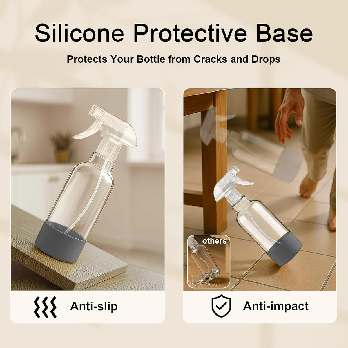 Glass Spray Bottles with Silicone Sleeve 16.9oz 2 Pack Empty Spray Bottle for Hair Mist/Stream Spraying for Cleaning Solutions, Plants, Essential Oils (clear-grey&black)