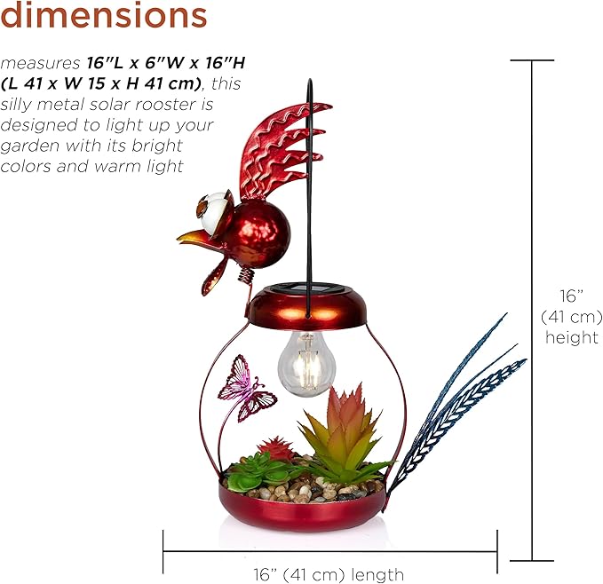 Alpine Corporation LYT286SLR-HH Solar-Powered Metal Rooster w/Garden Enclosed LED Light Decor, Solar Patio Decor, 16''H, Red