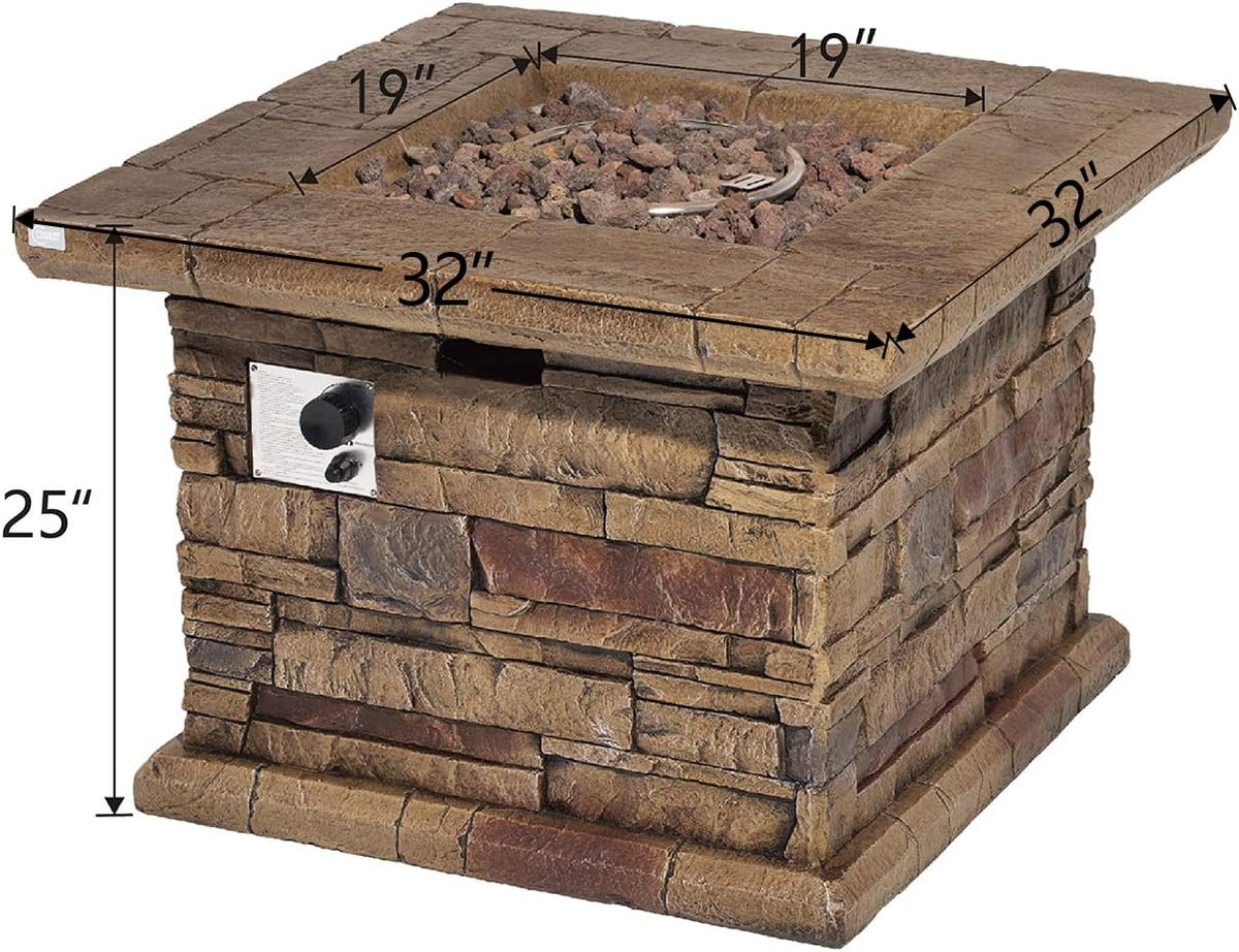 COSIEST Outdoor Propane Fire Pit Table w Faux Brown Ledgestone 32-inch Square Fire Table, CSA Certified, 50,000 BTU Stainless Steel Burner, Free Lava Rocks, Fits 20lb Tank Inside