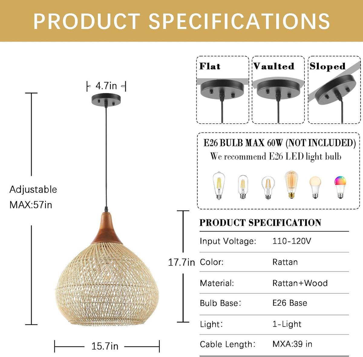 Rattan Pendant Light, 15.7" Rattan Chandelier Hand-Woven Boho Pendant Light Fixtures with Solid Wood, Basket Wicker Chandelier for Dining Room Kitchen Island Living Room