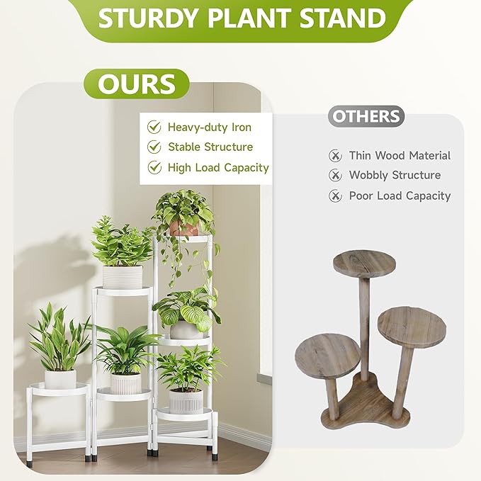 6 Tier Metal Plant Stand Indoor, Rotatable Corner Plant Shelf Outdoor, Tiered Flower Pot Display Stand, Black Multiple Plants Holder for Patio Living Room Balcony Garden Home Decor - White
