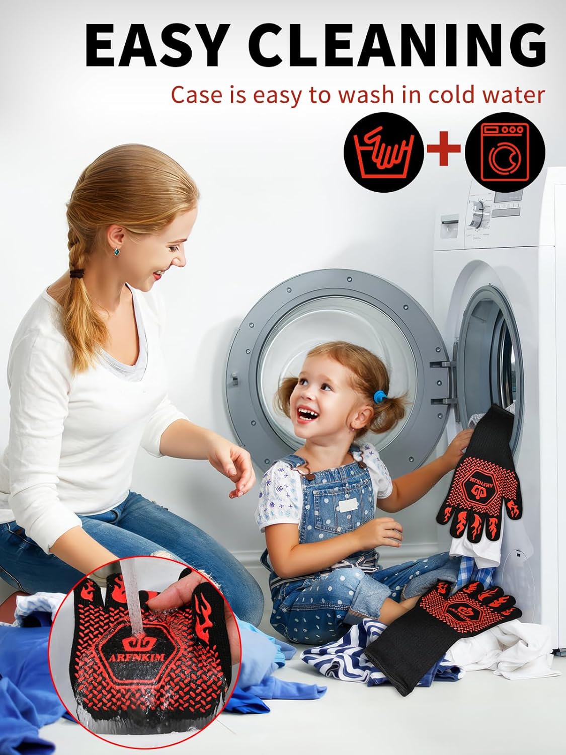 BBQ Oven Gloves, 1472℉ 3-Layers Heat Resistant Oven Mitts Silicone Non-Slip Cooking Gloves for Barbecue, Grilling, Baking, Welding, Smoker (A Pair) (Red)