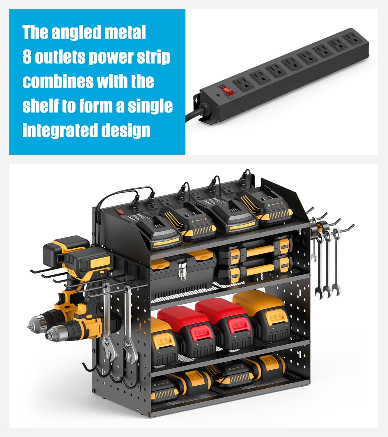 CCCEI Modular Desk Power Tools Organizer with Charging Station, 4 Layer Drills Battery Storage Wall Mount, Garage Shop Organization, Anniversary, Birthday, Gifts for Men, Father, Black, 10FT Cord.
