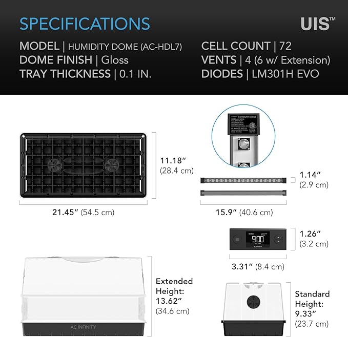 AC Infinity Heavy Duty 3mm Thick Humidity Dome with Height Extension, Germination Kit with LED Grow Light Bars, Sturdy Drip Tray, 6x12 Cell Tray for Indoor Gardening, Seed Starting, Cloning Plants