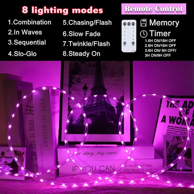 50Ft 600 LED Rope Lights Outdoor, Pink Flexible Tube Light Waterproof Plug in 8 Modes Timer Memory, Permanent String Lights for Tree,Pool, Bedroom, Fence, Garden, Indoor, Outside Decorations