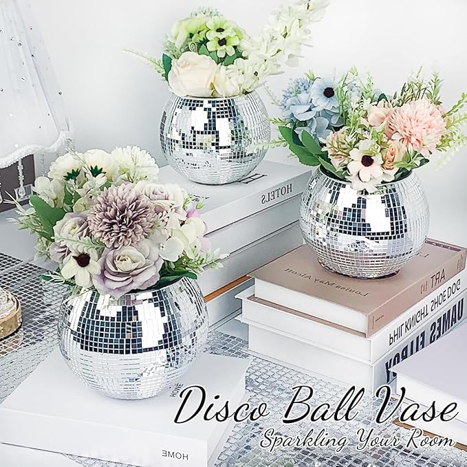 2 Pcs Disco Ball Vase, 5 x 6 Inch Mirrored Disco Ball Planters Perfect for Decorative Living Room, Bedroom, Dining Table, Wedding, Party, Birthday
