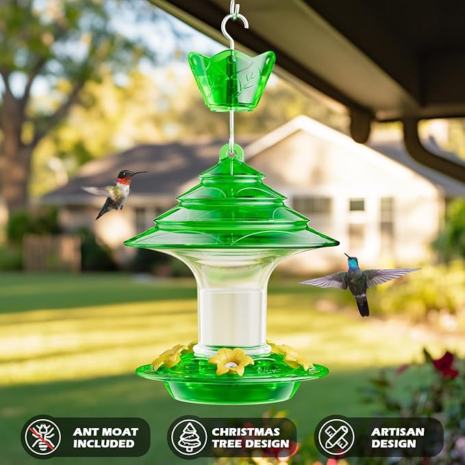Birdream Hummingbird Feeder for Outdoors Hanging 40oz 10 Feeding Ports, 2 Pack Humming Bird Feeder with Ant Moat Brush Leak Proof - Green